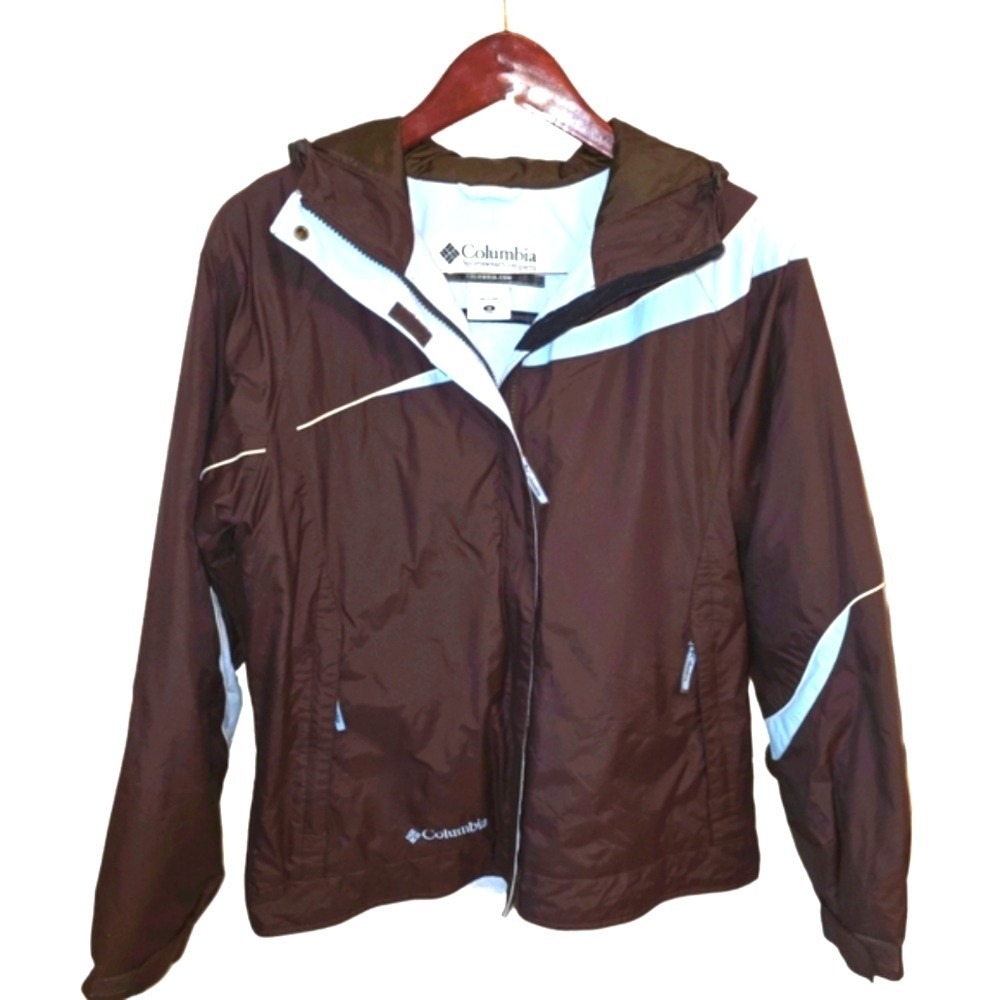 Columbia Women's Waterproof Lined Hooded Jacket Brown Light Blue Accents Size M